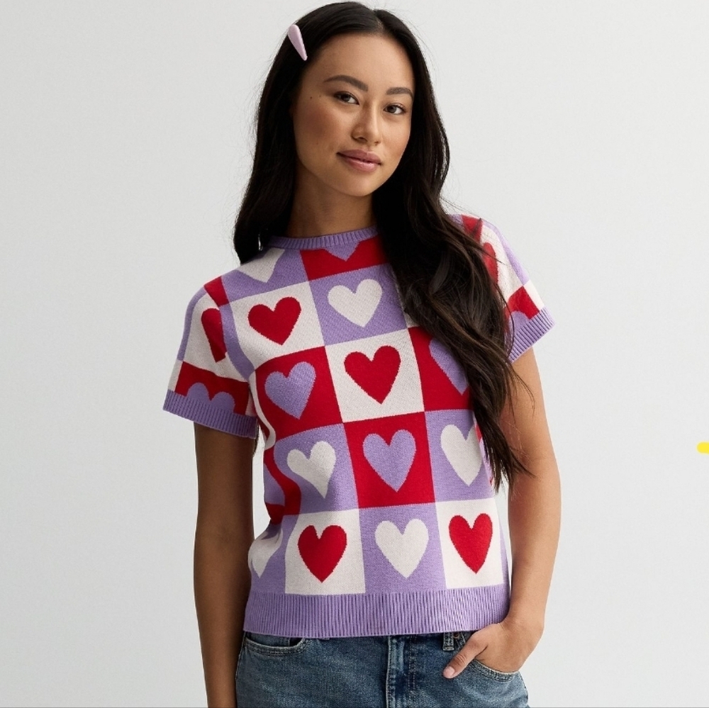 Checkerboard Hearts Pullover Sweater